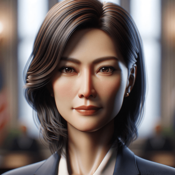 DALL·E 2023-11-25 12.17.39 - Create a hyperrealistic portrait of an Asian female city council member, with detailed attention to lifelike textures and features. The woman should h
